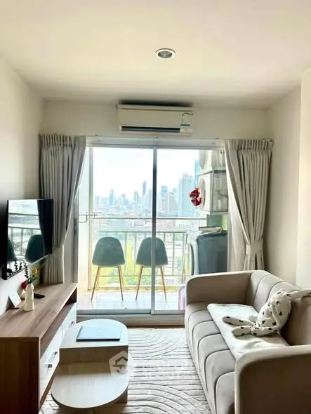 Chic living room with city view and cozy balcony in modern apartment