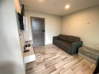 Modern living room with sleek sofa and wall-mounted TV