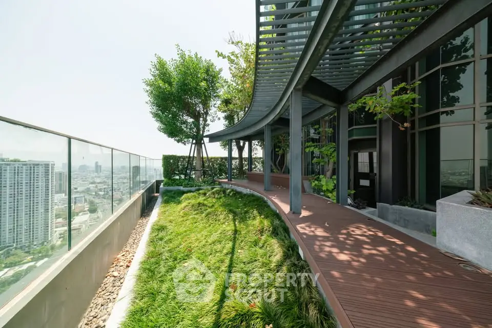 Stunning rooftop garden with panoramic city views and modern architectural design.