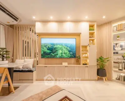 Modern living room with stylish decor and large TV, featuring elegant lighting and cozy seating.