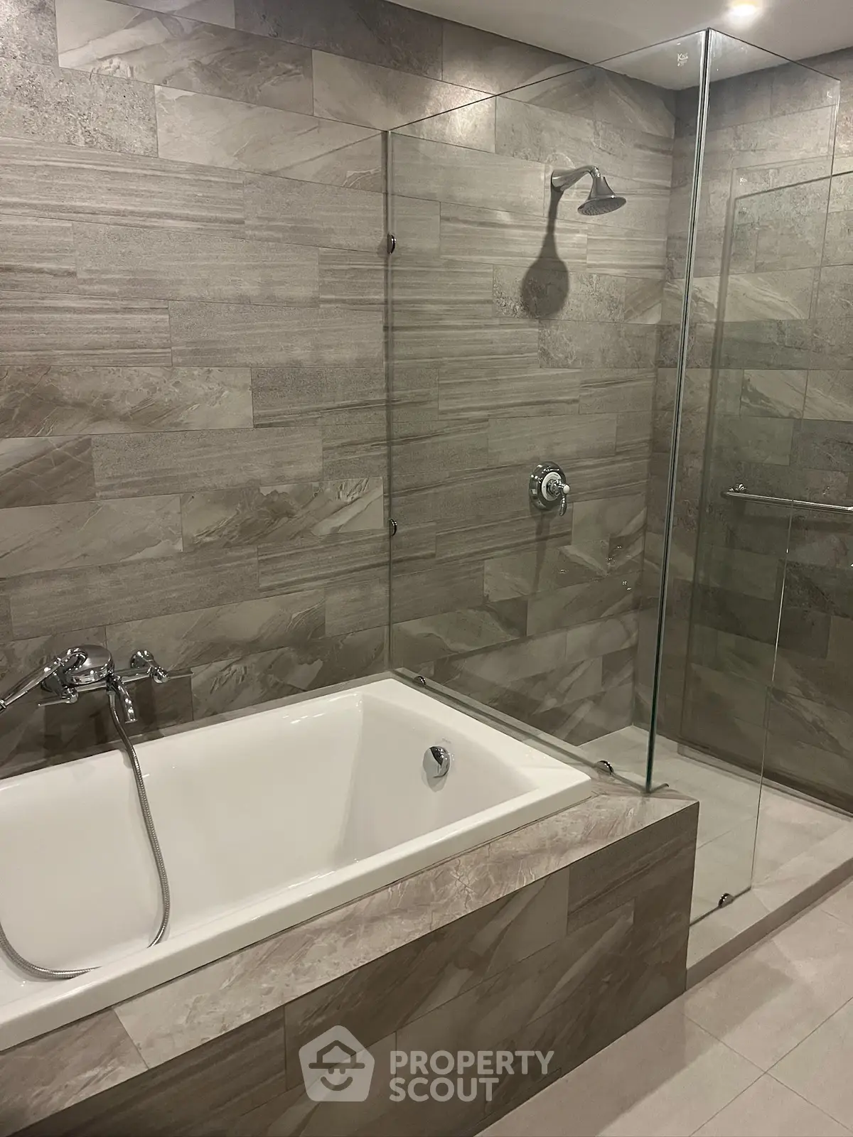 Luxurious bathroom with elegant tile design and modern fixtures