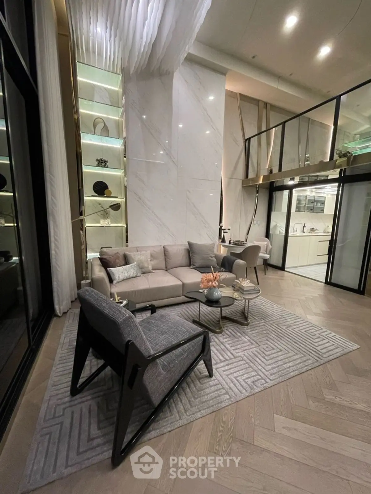 Luxurious modern living room with high ceilings and elegant decor