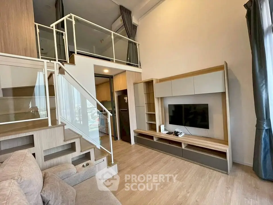 Modern loft-style living room with high ceilings and stylish wooden accents.