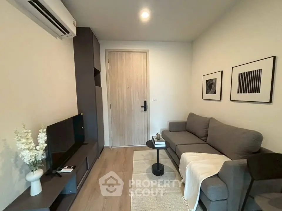 Modern living room with cozy gray sofa and stylish decor