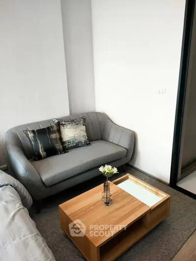Cozy living room with modern gray sofa and wooden coffee table