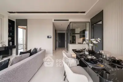 Luxurious modern living room with elegant dining area and open kitchen layout