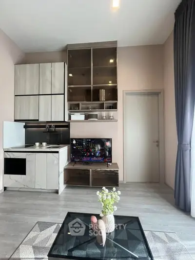 Modern living room with sleek cabinetry and stylish decor