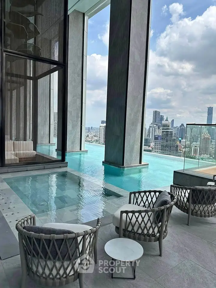 Luxurious rooftop pool with stunning city skyline view, modern seating area, and elegant design.