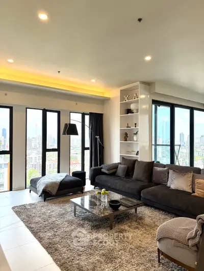 Luxurious living room with panoramic city views and modern decor