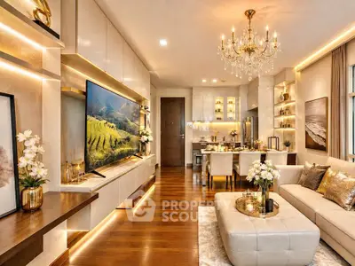 Luxurious open-plan living room with elegant chandelier and modern kitchen
