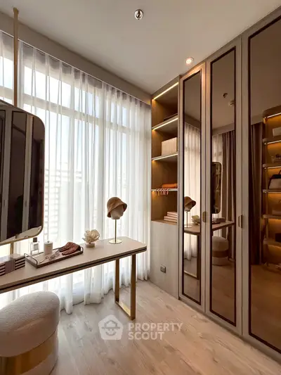Luxurious bedroom with elegant walk-in closet and natural light