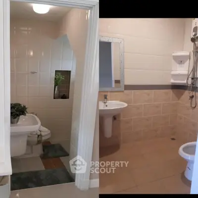 Compact bathroom with modern fixtures and tiled walls, ideal for efficient space use.