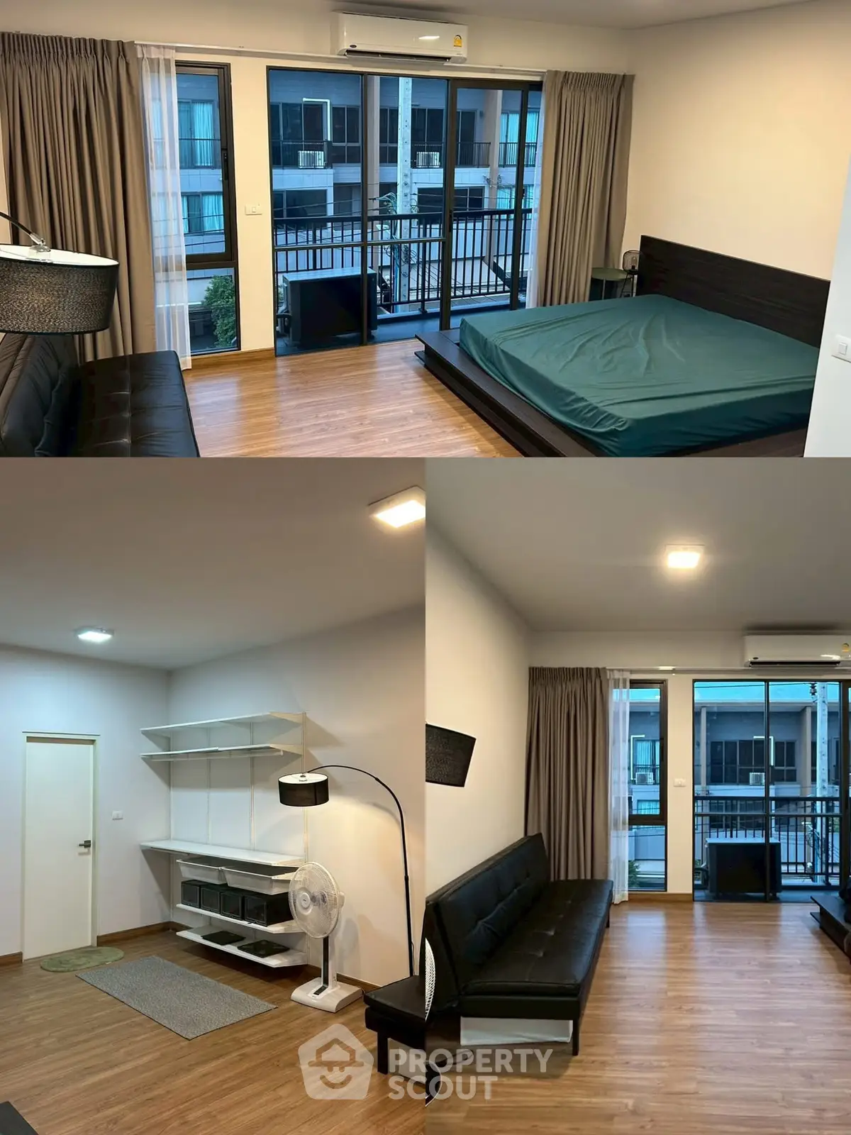 Modern apartment interior with balcony view, featuring sleek furniture and wooden flooring.