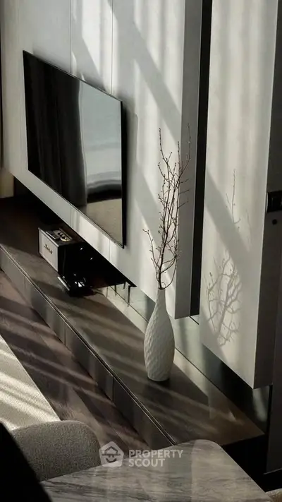 Modern living room with sleek TV setup and elegant decor