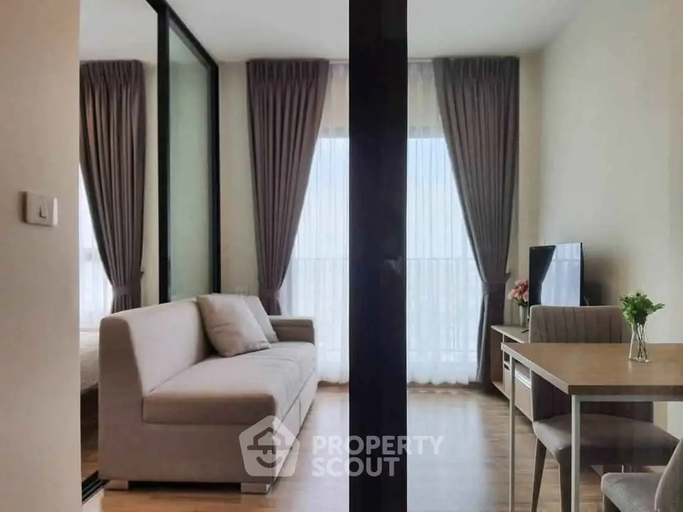 Modern living room with elegant decor and natural light in a stylish apartment.