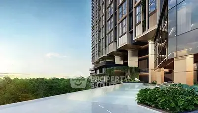 Luxurious high-rise building with infinity pool and lush greenery view.