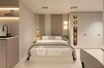 Modern minimalist bedroom with sleek design and ambient lighting