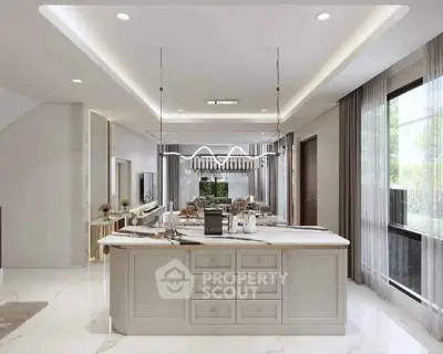 Luxurious modern kitchen with island and elegant lighting in a spacious open layout