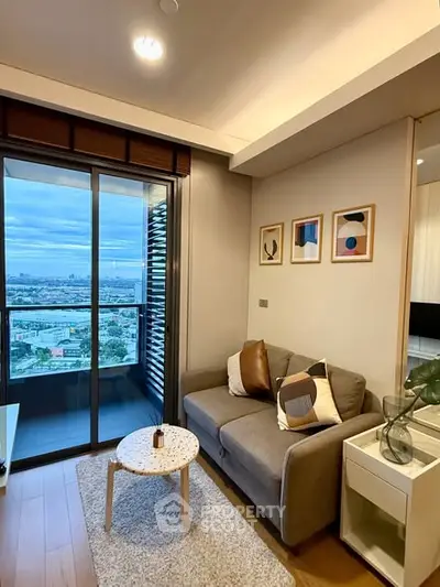 Modern living room with cozy sofa and balcony view in stylish apartment