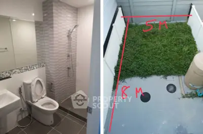 Modern bathroom with shower and compact outdoor garden space with measurements.