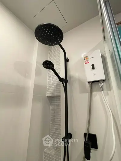 Modern bathroom shower with dual showerheads and water heater in sleek design.