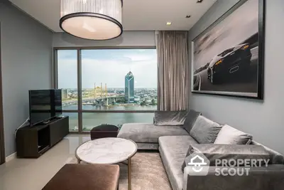 Luxurious corner unit living room with plush sectional sofa, modern amenities, and breathtaking city skyline views through floor-to-ceiling windows.