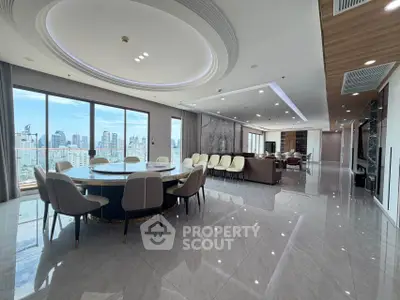 Luxurious modern living room with panoramic city views and elegant dining area.