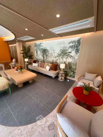 Luxurious living room with tropical-themed decor and modern furniture