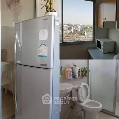 Modern apartment with city view, featuring a kitchen with appliances and a compact bathroom.