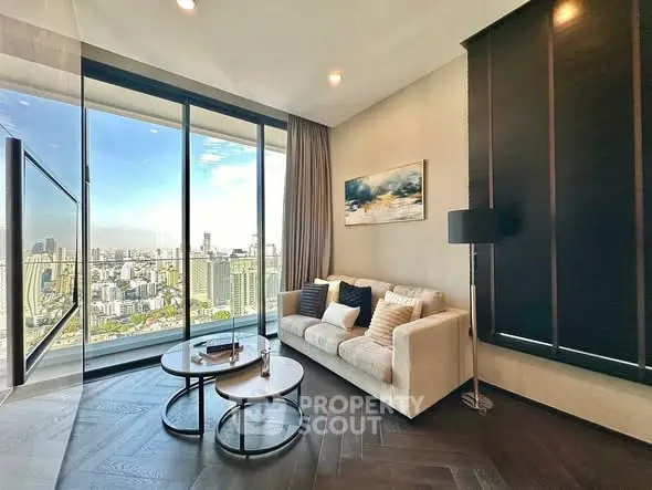 Luxurious living room with panoramic city view and modern decor