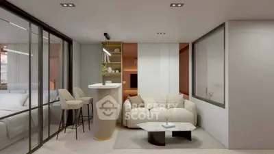 Modern living room with cozy seating and stylish decor