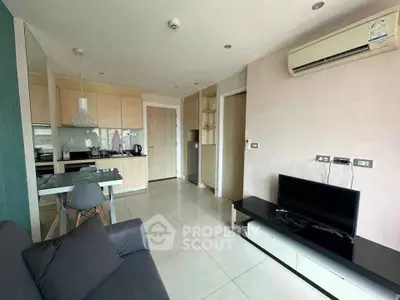 Modern living room with sleek furniture and air conditioning