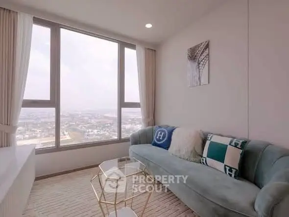 Modern living room with panoramic city view and stylish decor