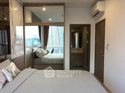 Modern bedroom with city view, featuring stylish decor and air conditioning for ultimate comfort.