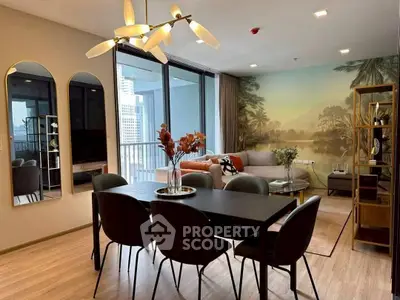 Modern living room with elegant dining area and large windows in urban apartment.