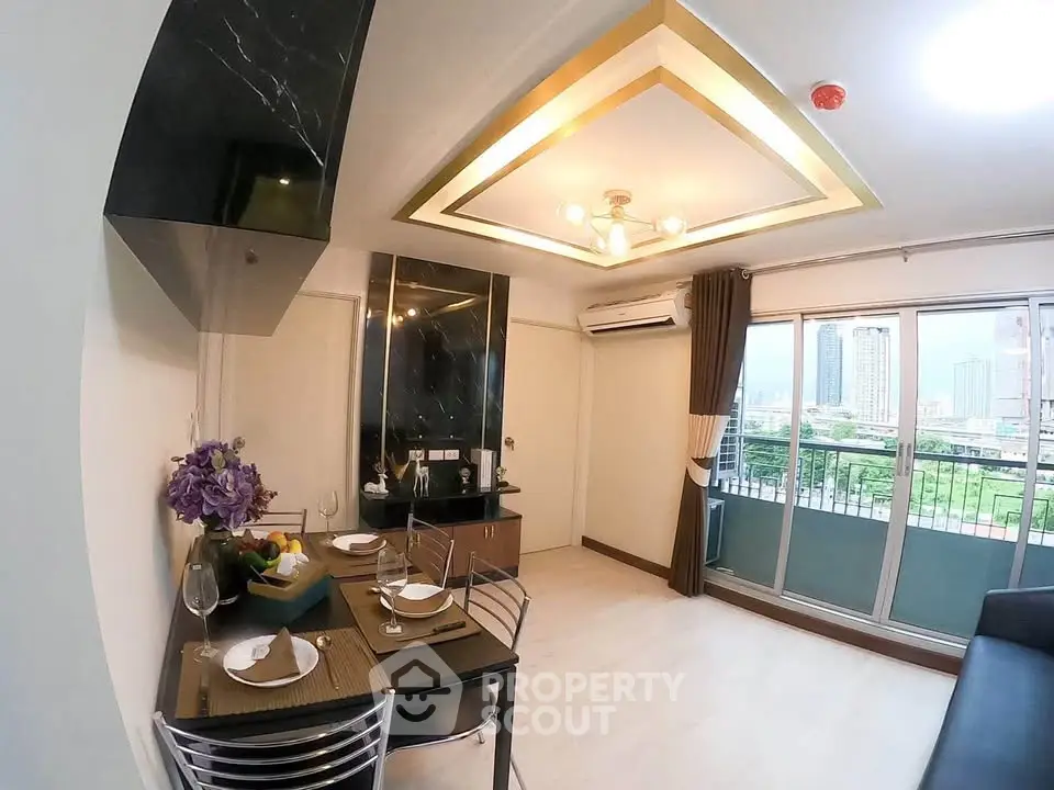 Modern living room with elegant ceiling design and city view balcony