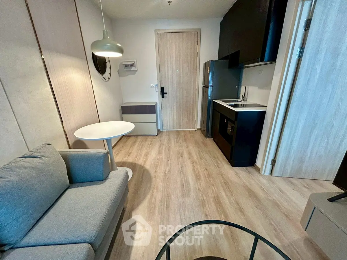 Modern compact living room with kitchenette and stylish furniture