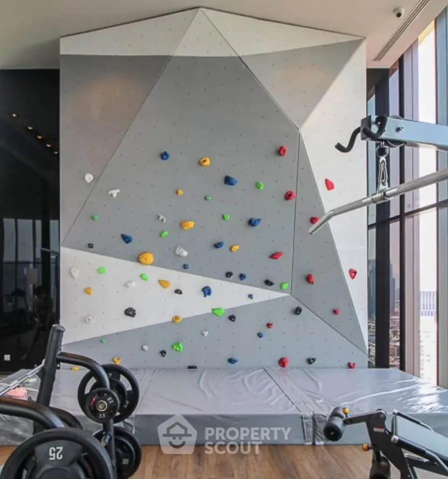 Modern gym with indoor climbing wall and fitness equipment in luxury building.