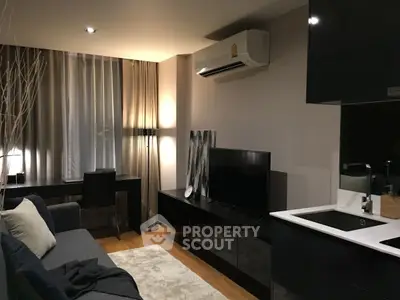 Modern living room with sleek furniture and ambient lighting