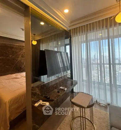 Luxurious bedroom with city view and modern decor