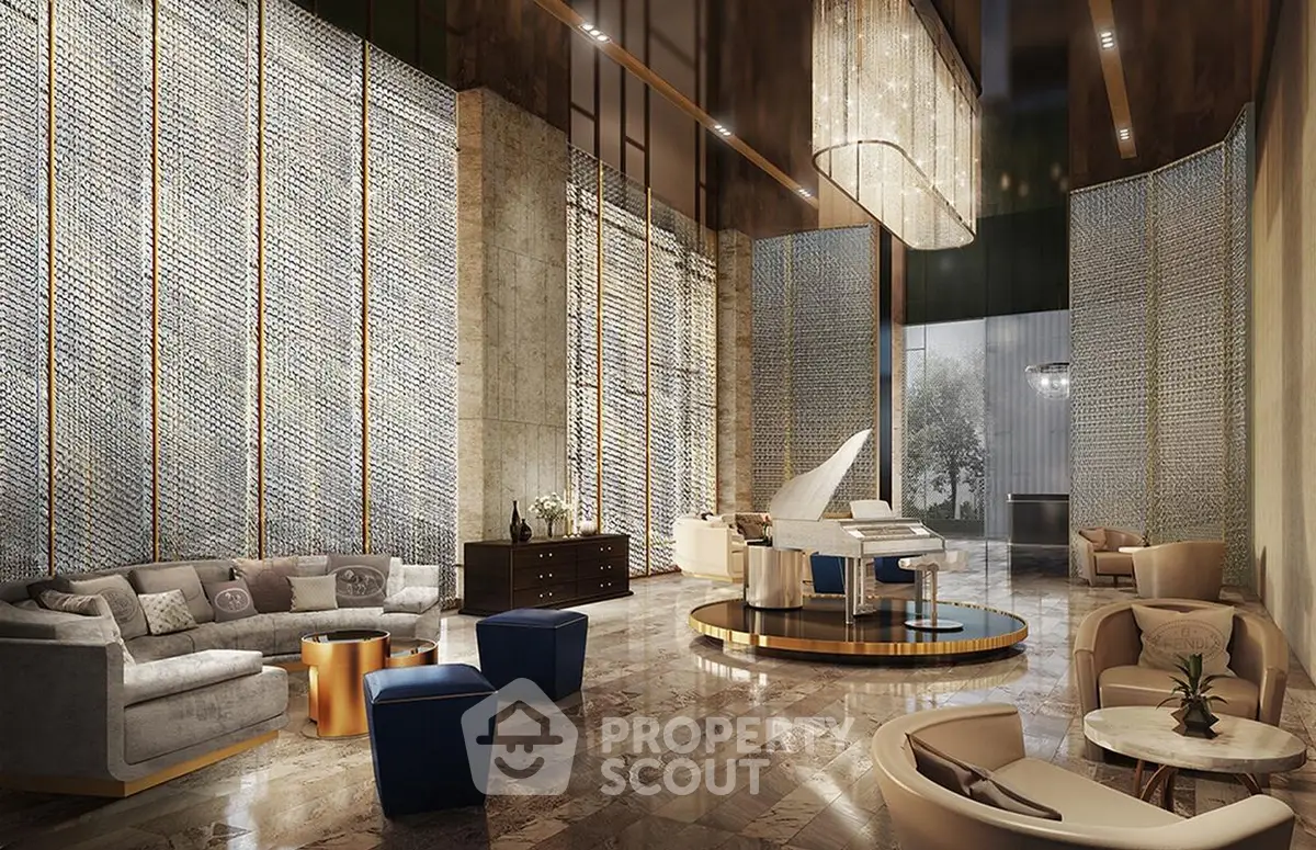 Luxurious modern lobby with elegant seating and grand piano, perfect for upscale living.