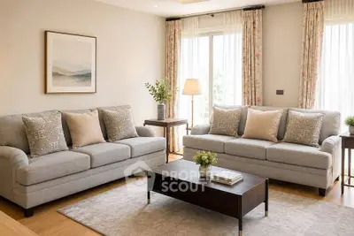 Elegant living room with plush sofas, stylish decor, and natural light creating a cozy ambiance.
