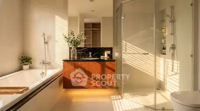 Luxurious modern bathroom with elegant bathtub and glass shower enclosure