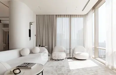 Luxurious modern living room with panoramic city view and elegant white furniture.