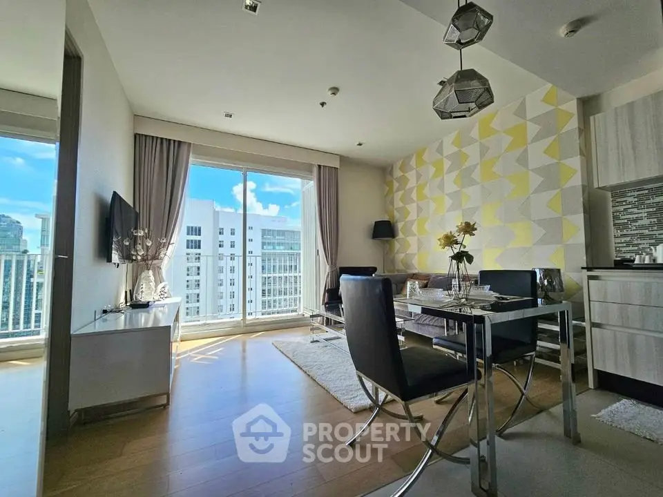 Modern living room with stylish decor and large windows offering city views