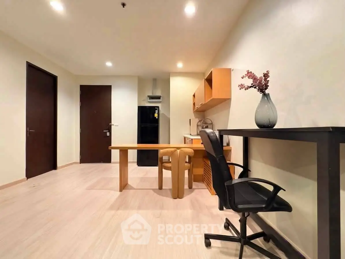 Modern minimalist study room with sleek furniture and ambient lighting