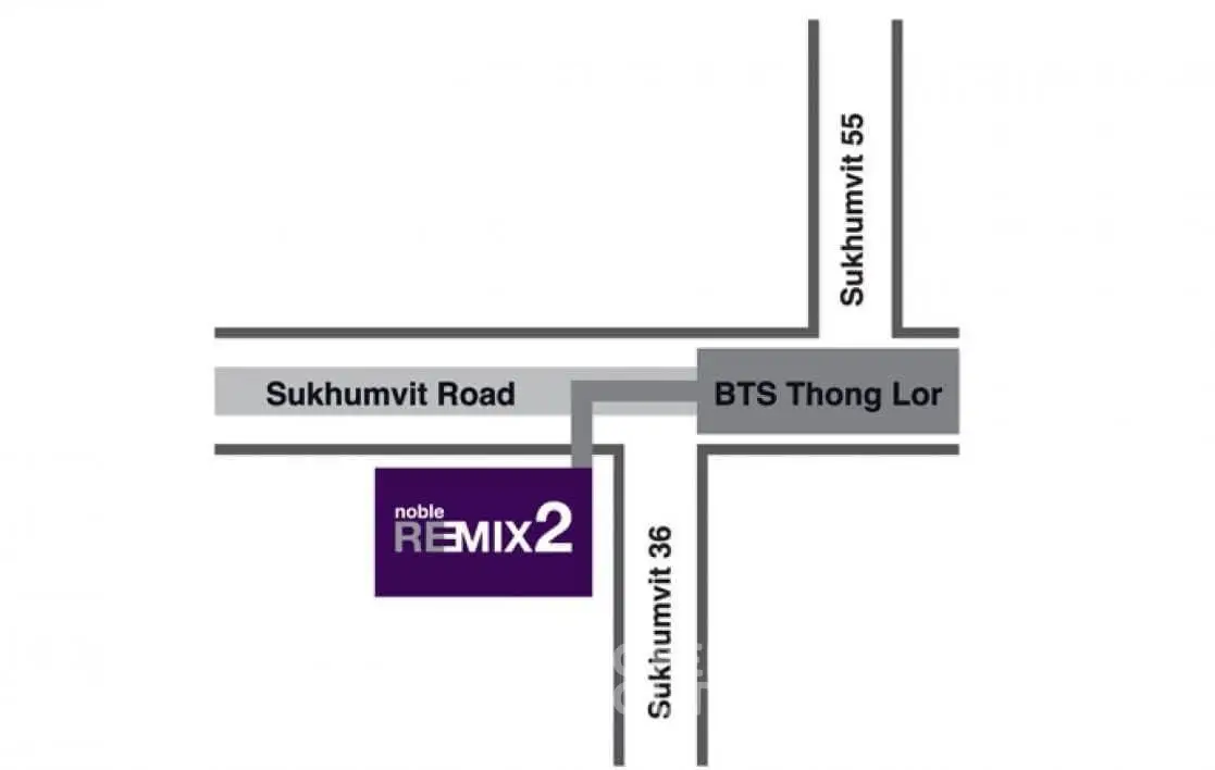 Map showing location of Noble Remix 2 near BTS Thong Lor on Sukhumvit Road.