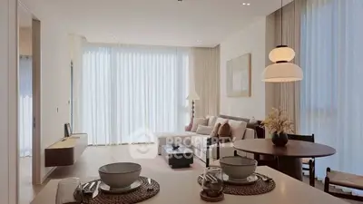 Elegant living room with modern decor and natural light, featuring a cozy sofa and dining area.