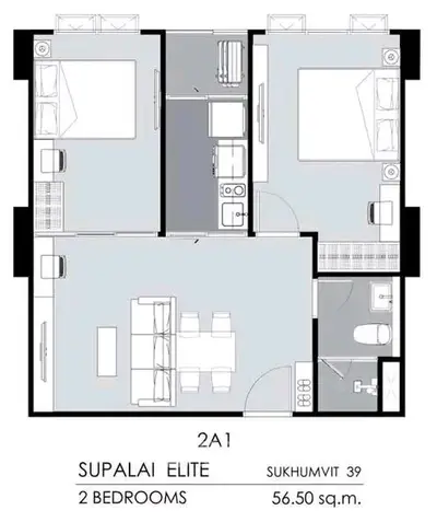 Modern 2-bedroom apartment floor plan at Supalai Elite Sukhumvit 39, 56.50 sq.m.