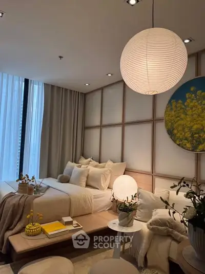 Luxurious bedroom with modern decor and ambient lighting
